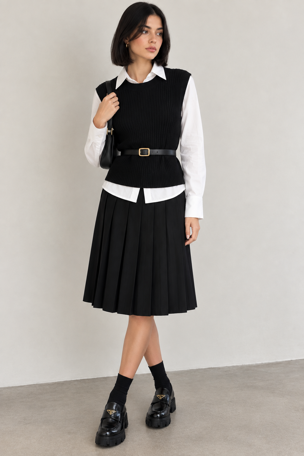 GENUINE LEATHER BELT ON A SHIRT AND KNIT VEST COMBO