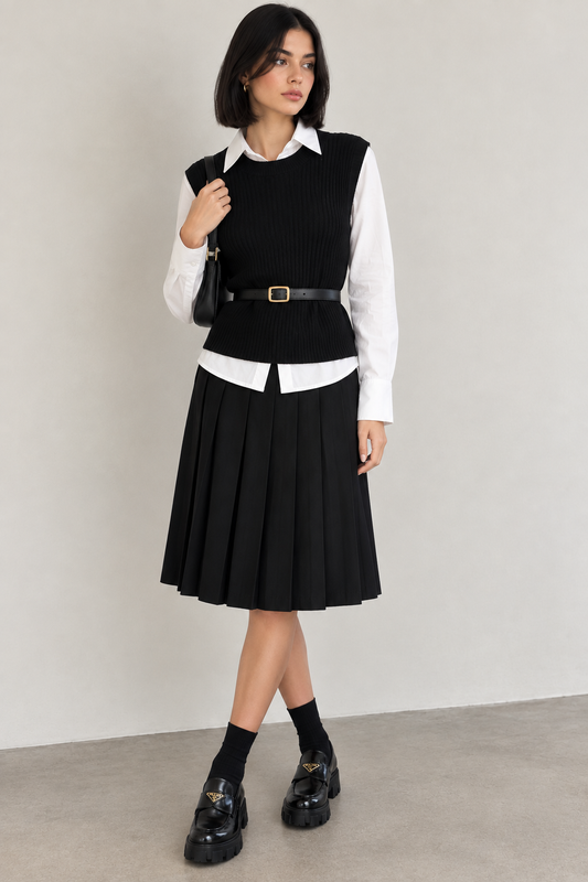 GENUINE LEATHER BELT ON A SHIRT AND KNIT VEST COMBO
