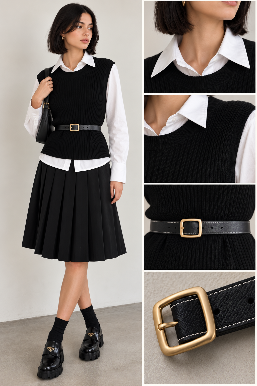 GENUINE LEATHER BELT ON A SHIRT AND KNIT VEST COMBO