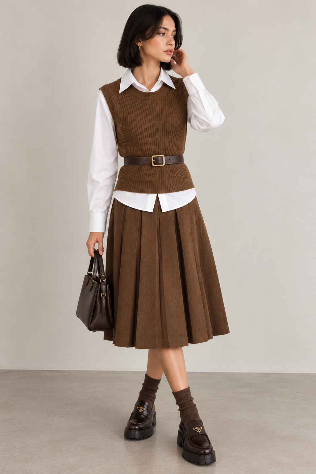 GENUINE LEATHER BELT ON A SHIRT AND KNIT VEST COMBO