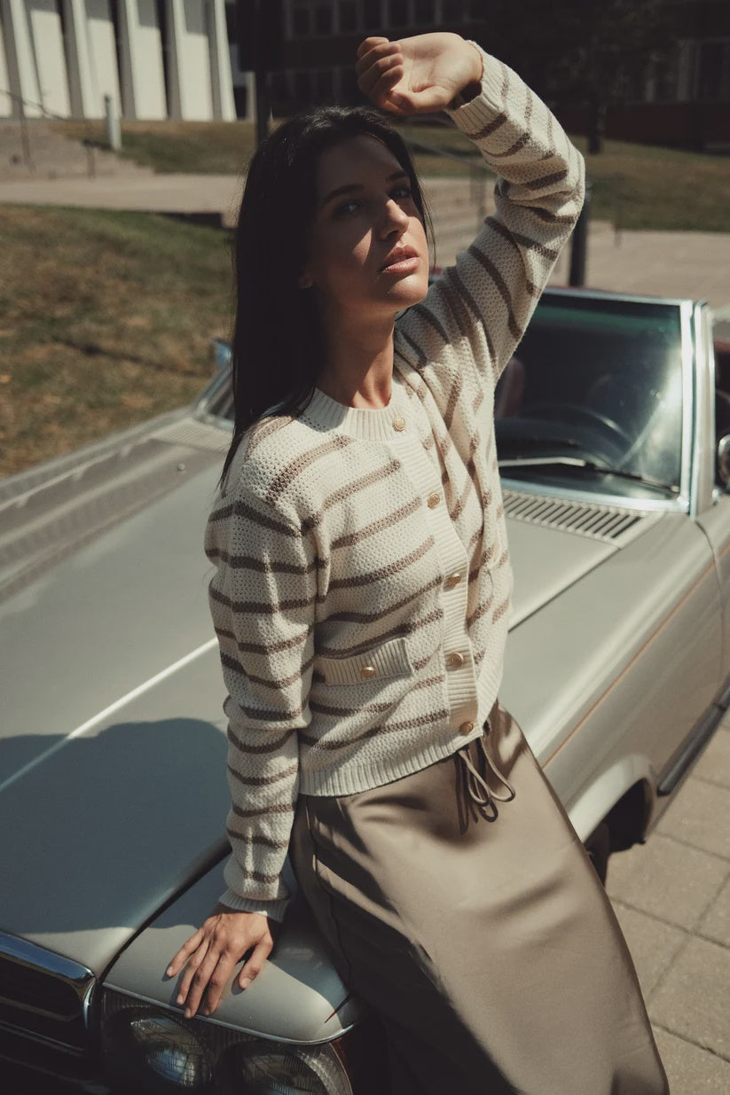 TAN STRIPE CARDIGAN WITH GOLD BUTTONS