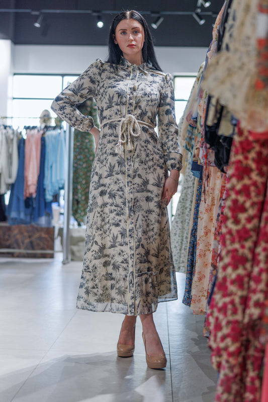 BLACK PLANT PRINTED SHIRT DRESS WITH WEAVE BELT