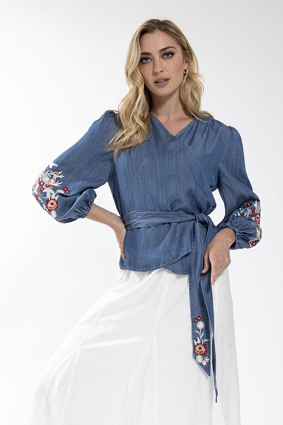 CHAMBRAY EMBROIDERED SLEEVE DENIM BUTTON DOWN BLOUSE