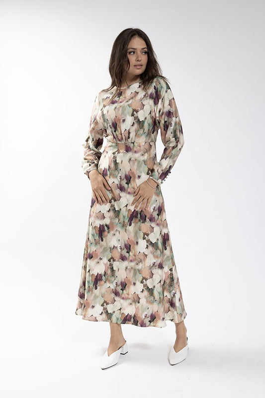 BLUSH BRUSHED FLORAL WAISTED DRESS
