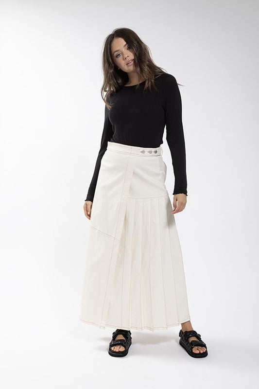 CREAM CONTRAST STITCH PLEAT COMBO WRAP SKIRT