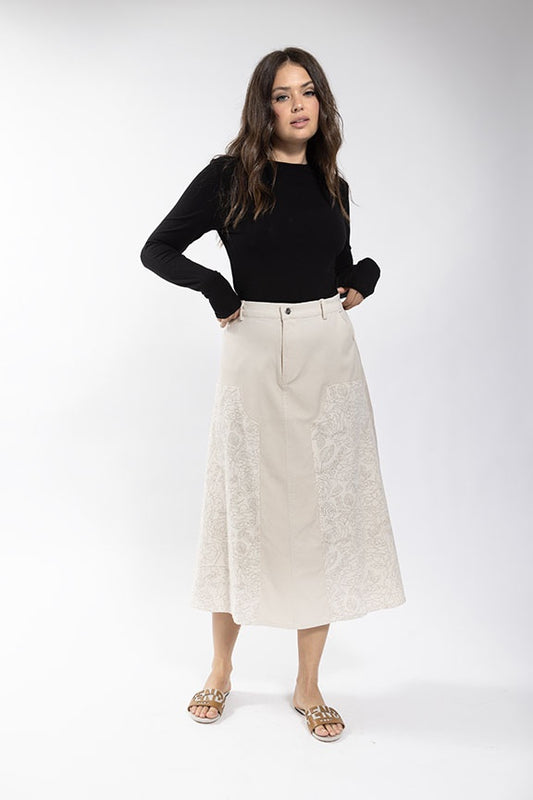 CREAM FLORAL PRINT COMBO DENIM SKIRT