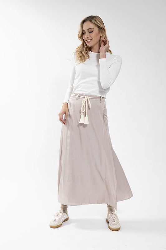 SAND BRAIDED BELT MOCK WRAP SKIRT