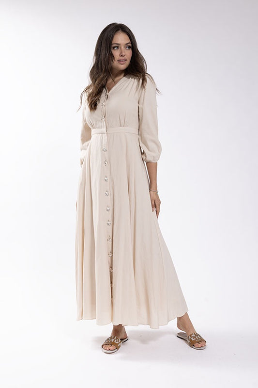 SAND BOW BUTTON LINEN DRESS