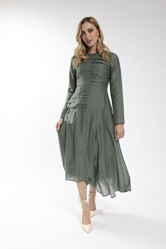SAGE SOLID GATHERED PANEL DRESS