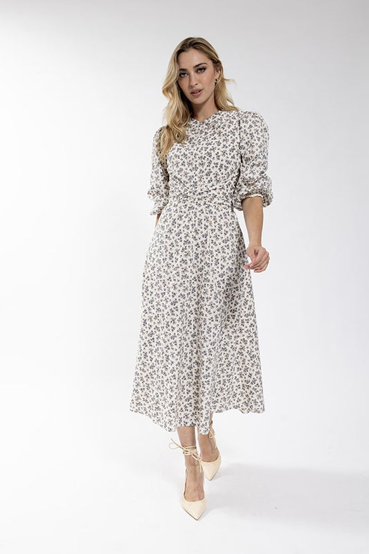 CREAM FLORAL WRAP COCKTAIL DRESS