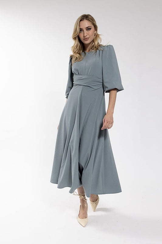 BLUE GATHERED WAIST COCKTAIL DRESS