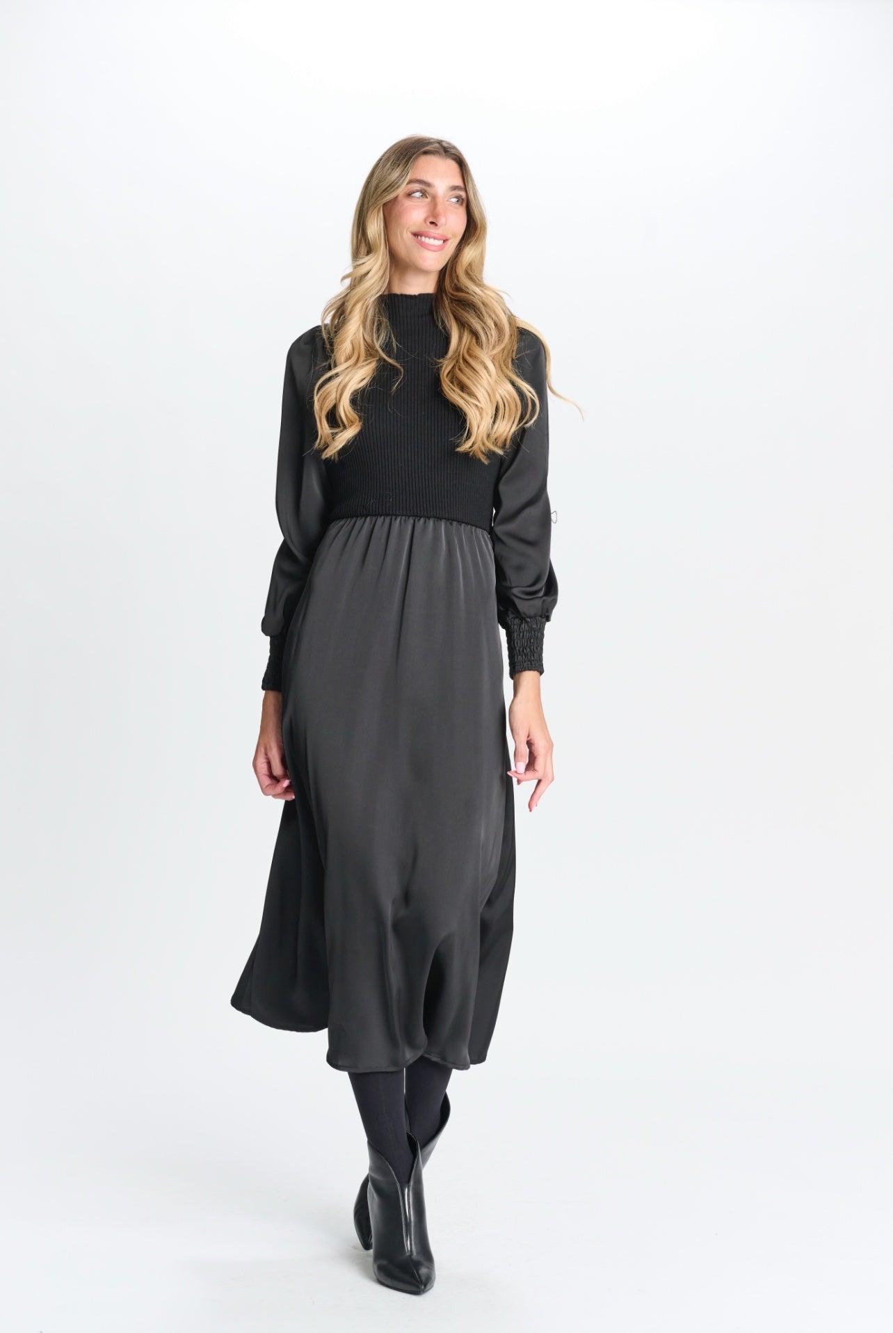 BLACK SATIN WITH KNIT UPPER DRESS