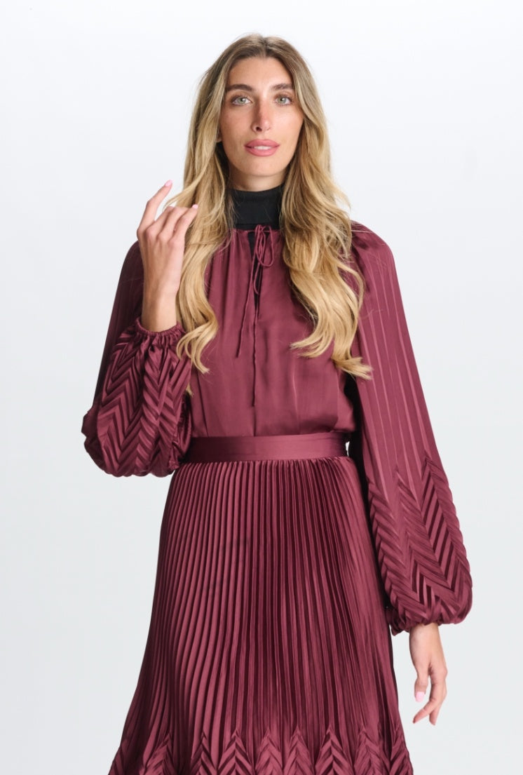 MAROON SATIN TOP WITH PLEATED SLEEVES