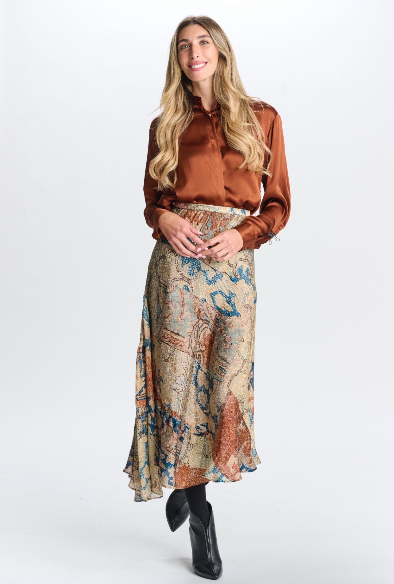 TAN WITH COPPER AND BLUE DESIGN SILK SKIRT