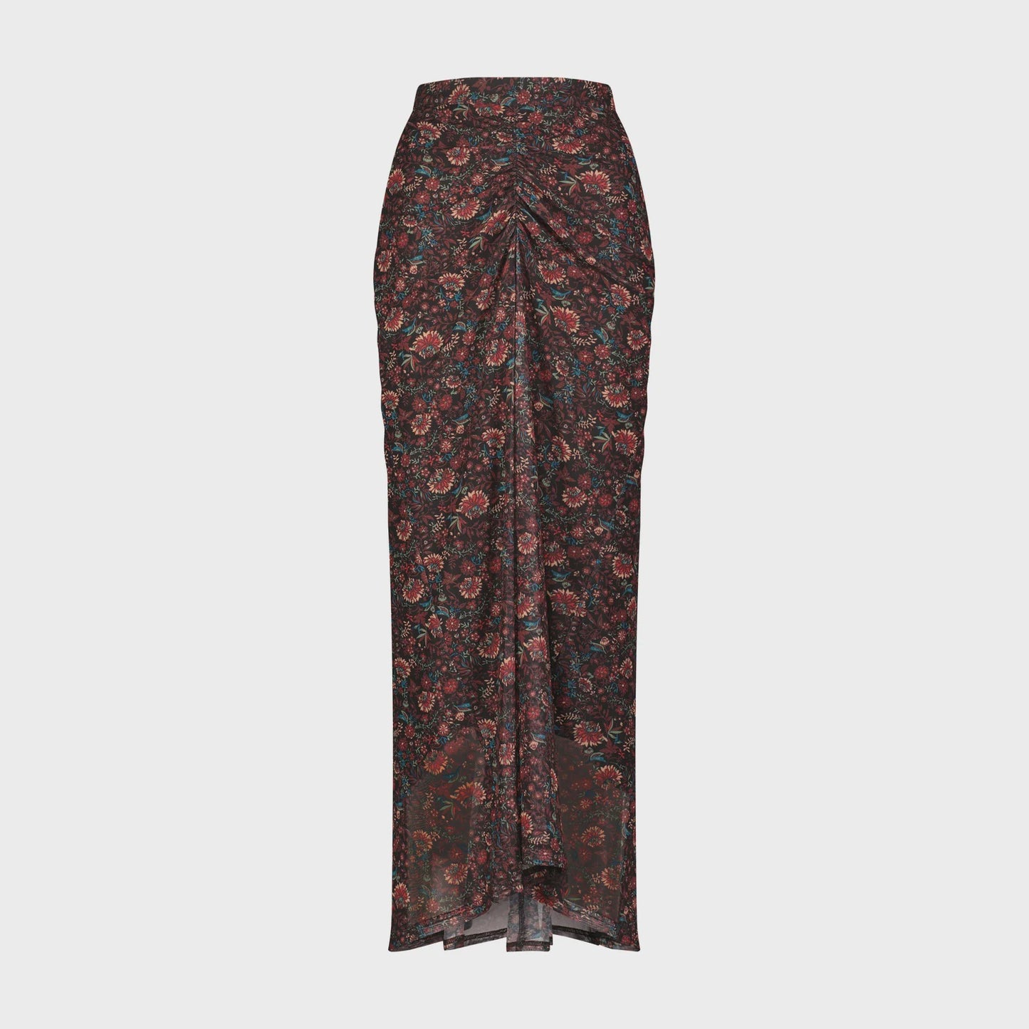 BURGUNDY FLORAL MESH RUCHED FRONT SKIRT