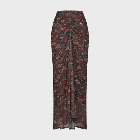 BURGUNDY FLORAL MESH RUCHED FRONT SKIRT