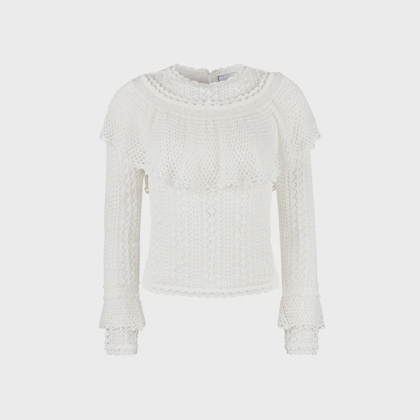 WHITE RUFFLE POINTELLE SWEATER