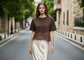 BROWN KNIT AND LACE TOP