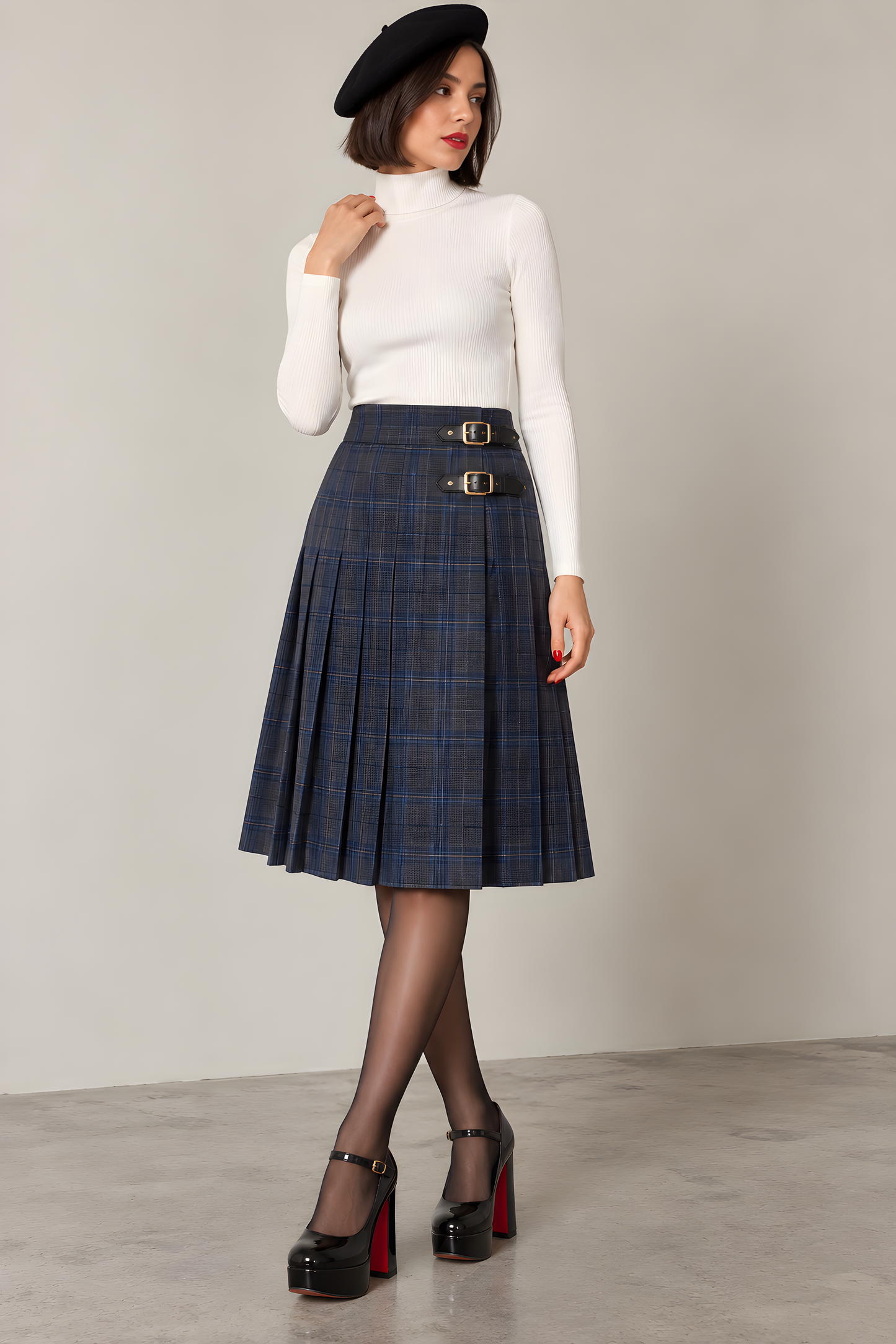PLEATED PLAID SKIRT WITH DOUBLE BUCKLE DETAIL AVAILABLE IN 2 COLORS