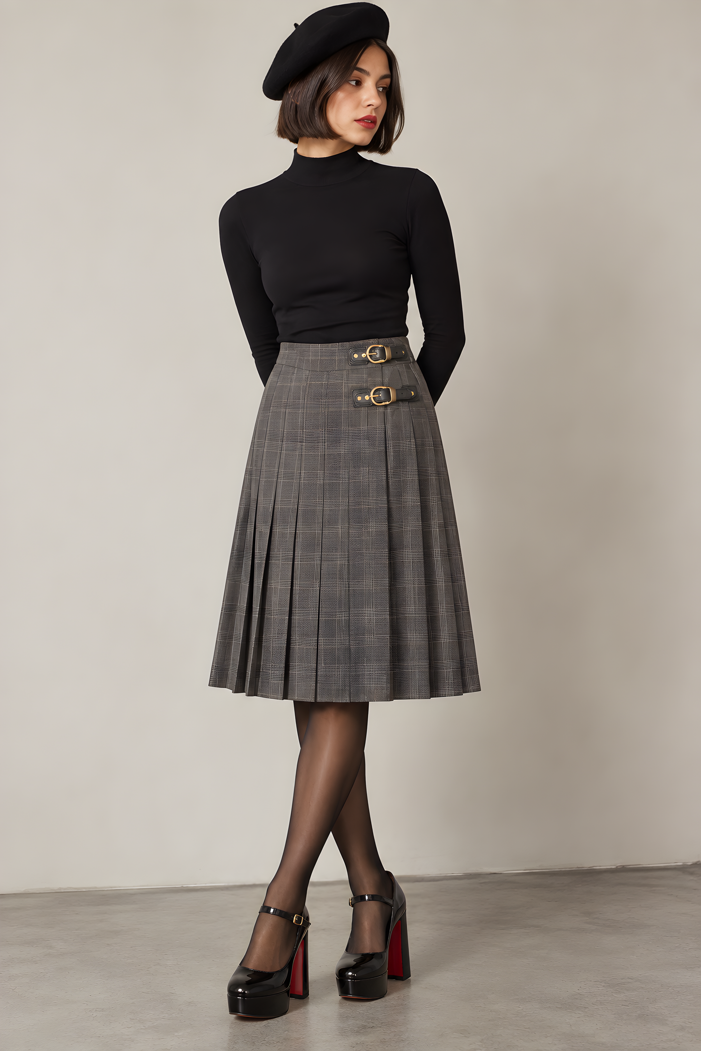 PLEATED PLAID SKIRT WITH DOUBLE BUCKLE DETAIL AVAILABLE IN 2 COLORS