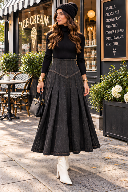 PLEATED DENIM SKIRT WITH STITCHED YOLK DETAIL AVAILABLE 3 COLORS