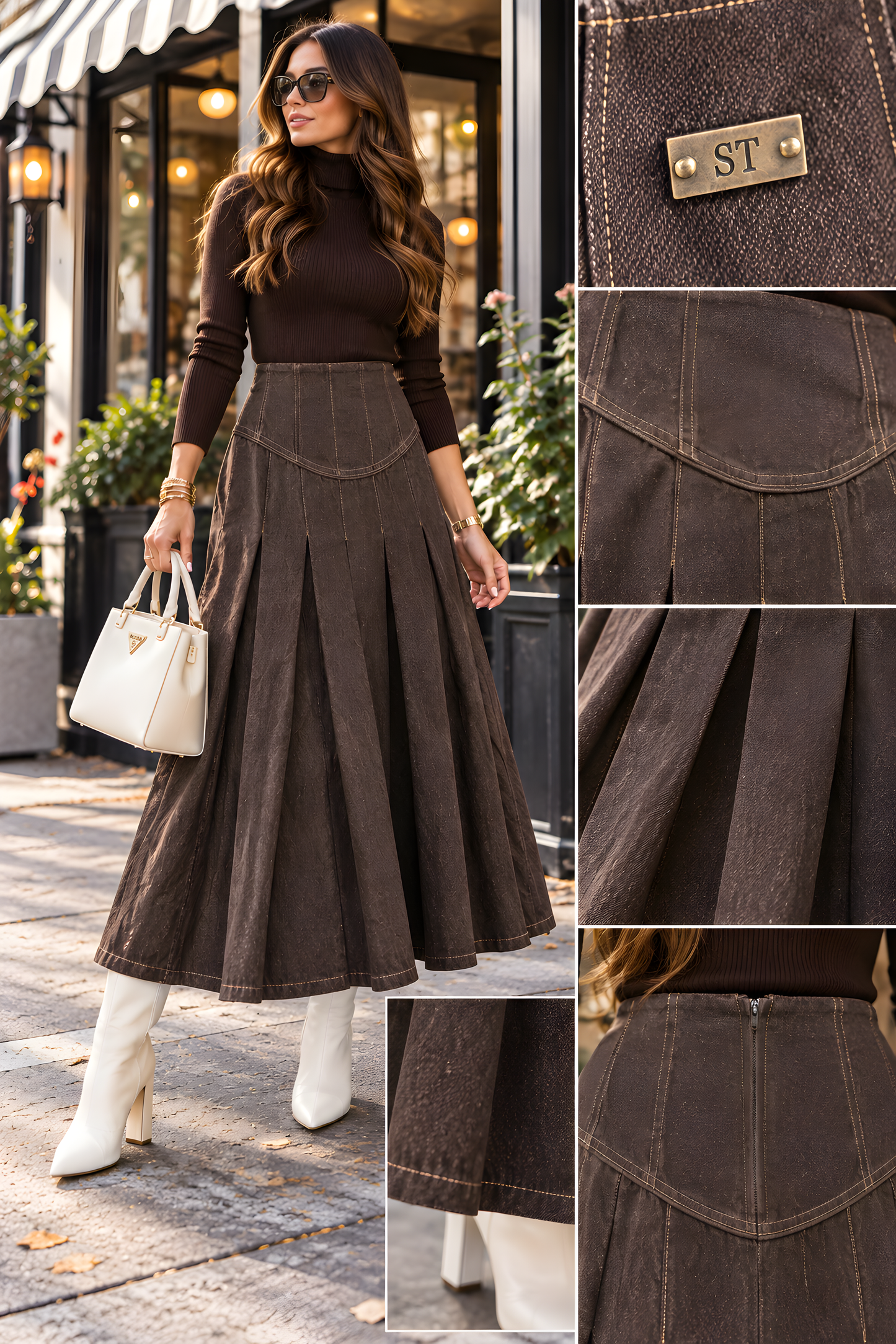 PLEATED DENIM SKIRT WITH STITCHED YOLK DETAIL AVAILABLE 3 COLORS