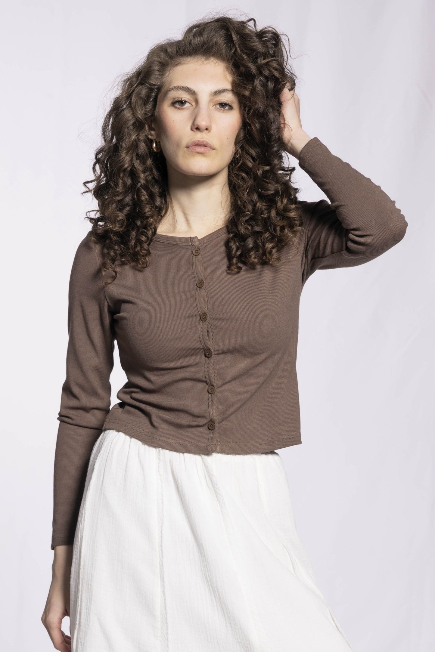 MICRORIBBED CARDIGAN- BROWN