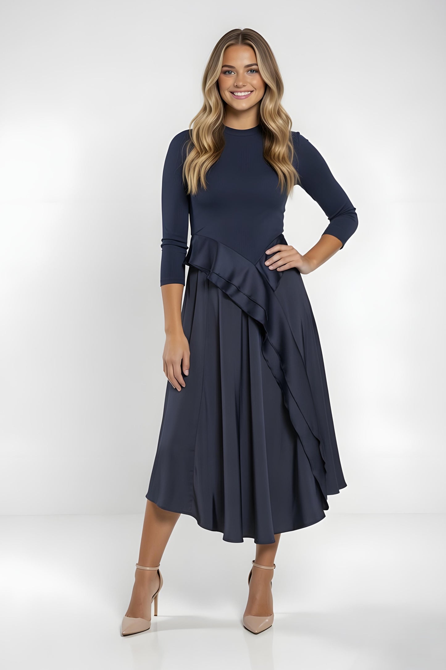 MIDI DRESS WITH DRAPE DETAIL AVAILABLE IN 2 COLORS