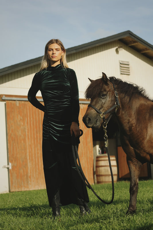 GREEN VELVET RUCHED MAXI DRESS