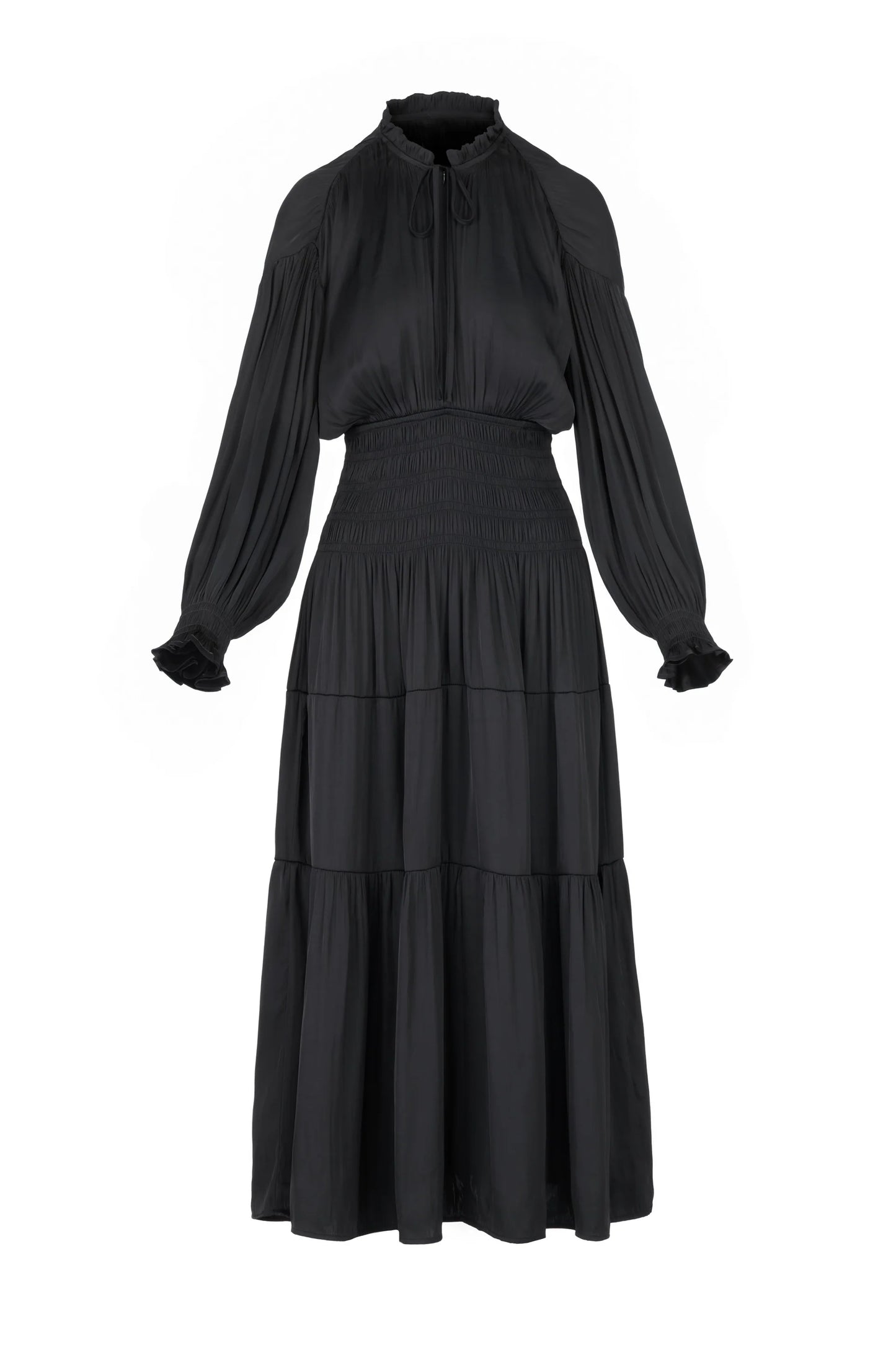 BLACK SILK MAXI DRESS WITH RUCHED WAIST