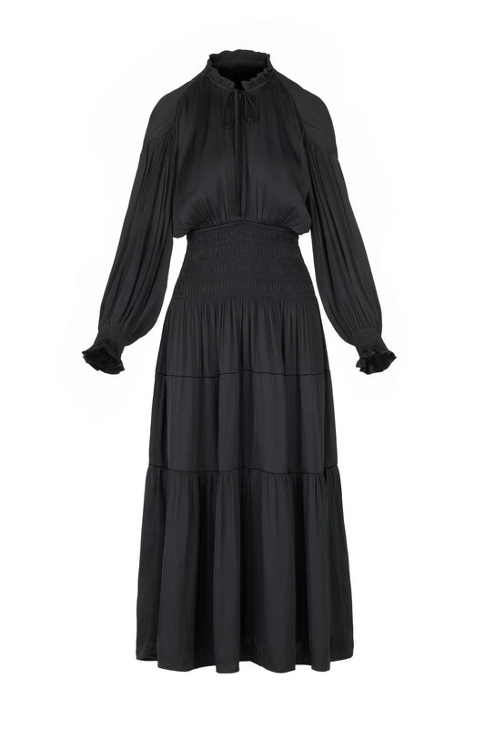 BLACK SILK MAXI DRESS WITH RUCHED WAIST