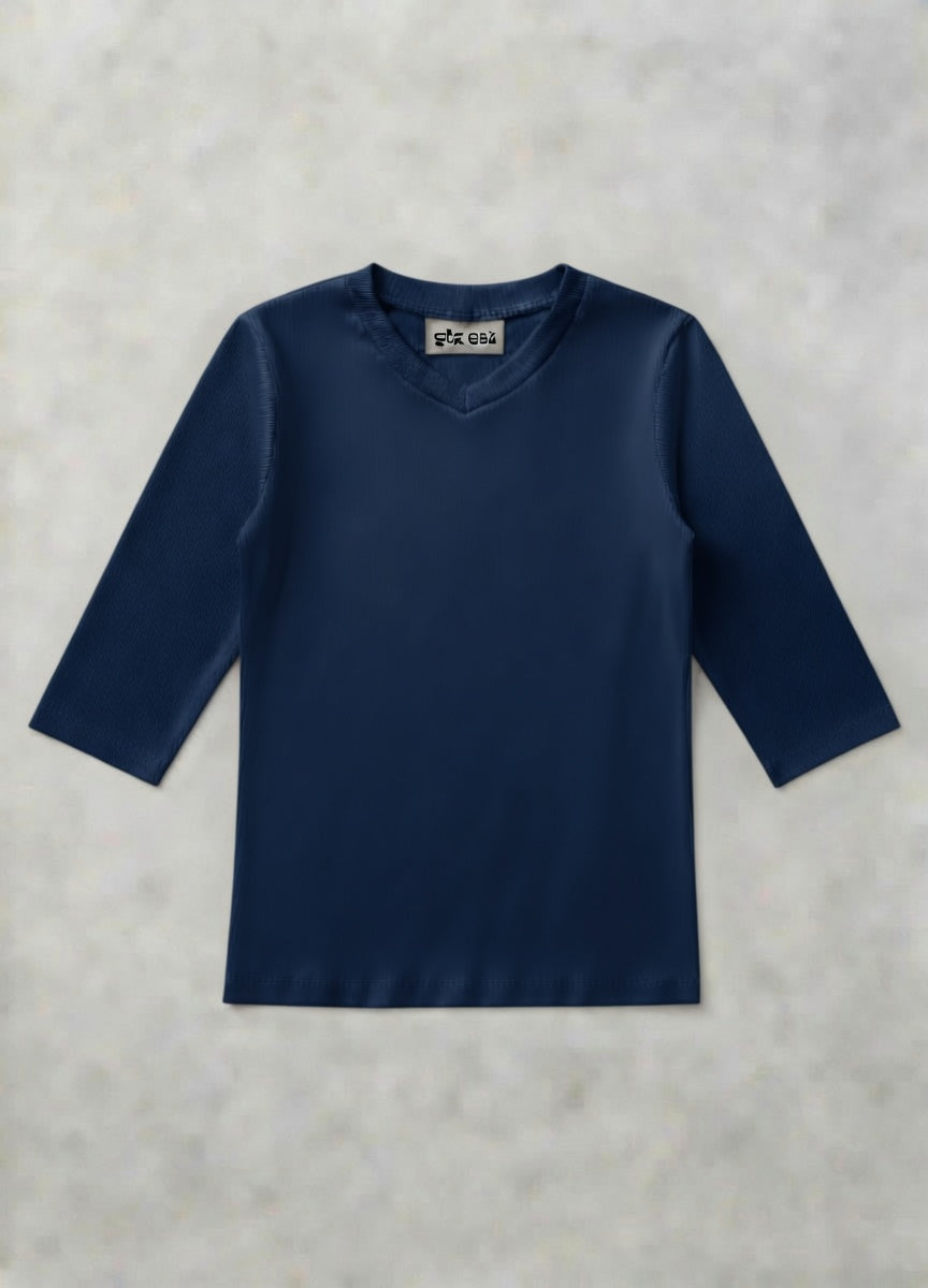 MICRORIBBED V-NECK 3/4 SLEEVES - NAVY
