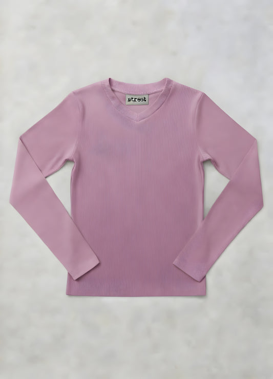 MICRORIBBED V-NECK LONG SLEEVES -    ROSE