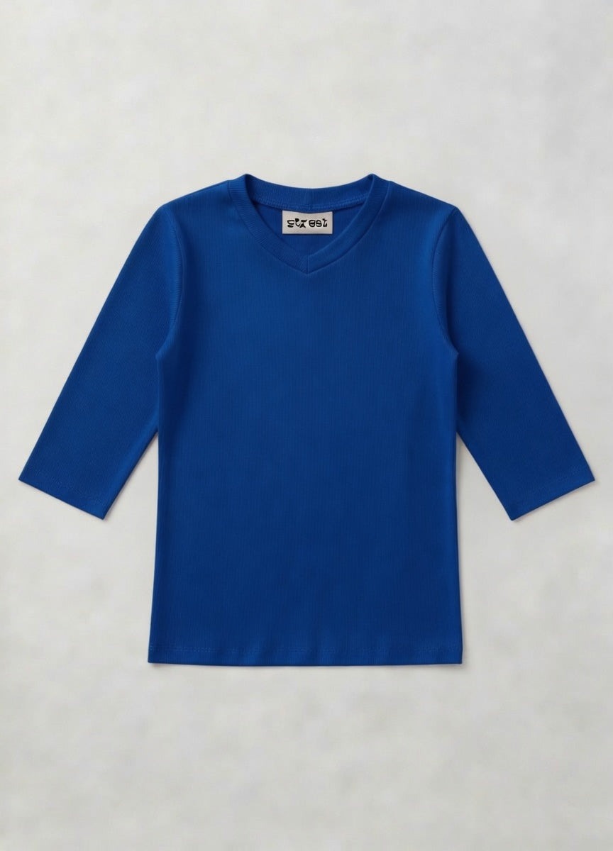 MICRORIBBED V-NECK 3/4 SLEEVES - ROYAL