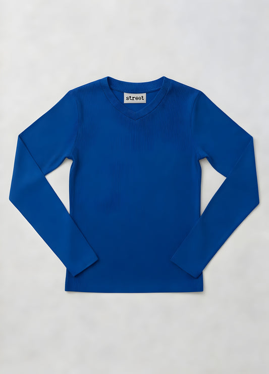 MICRORIBBED V-NECK LONG SLEEVES - ROYAL