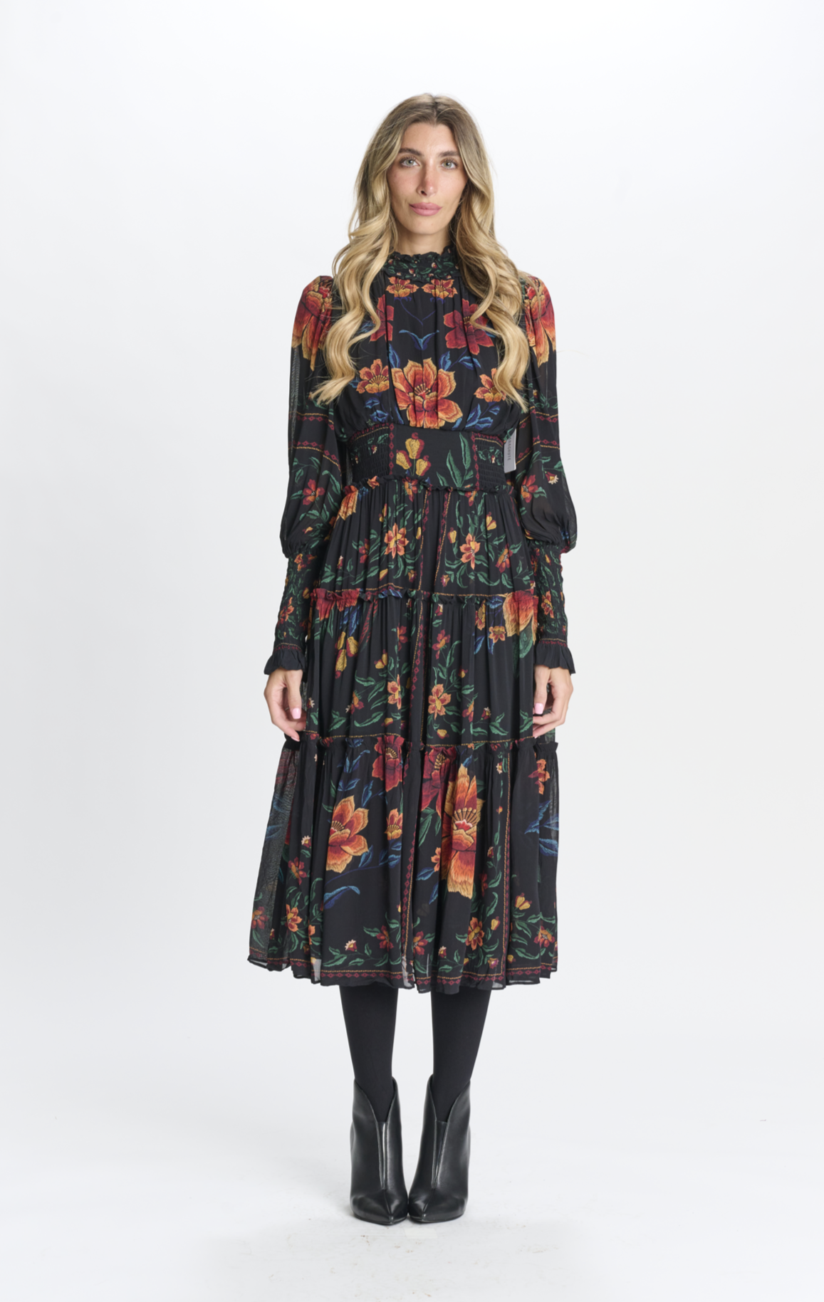 BLACK CHIFFON W/ BRIGHT PRINTED FLORAL DRESS