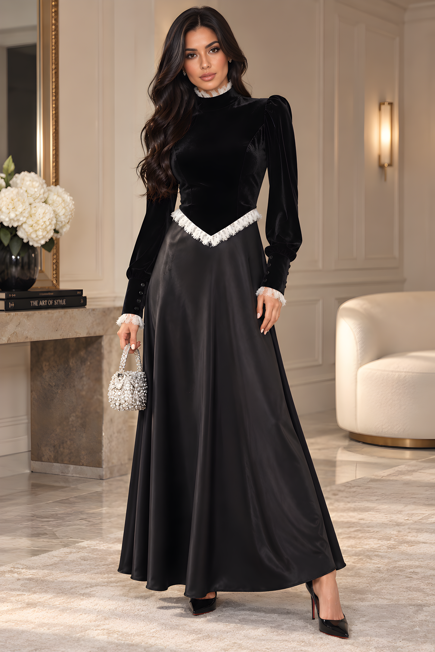 VELVET AND SATIN DRESS WITH LACE TRIM AVAILABLE IN 2 COLORS