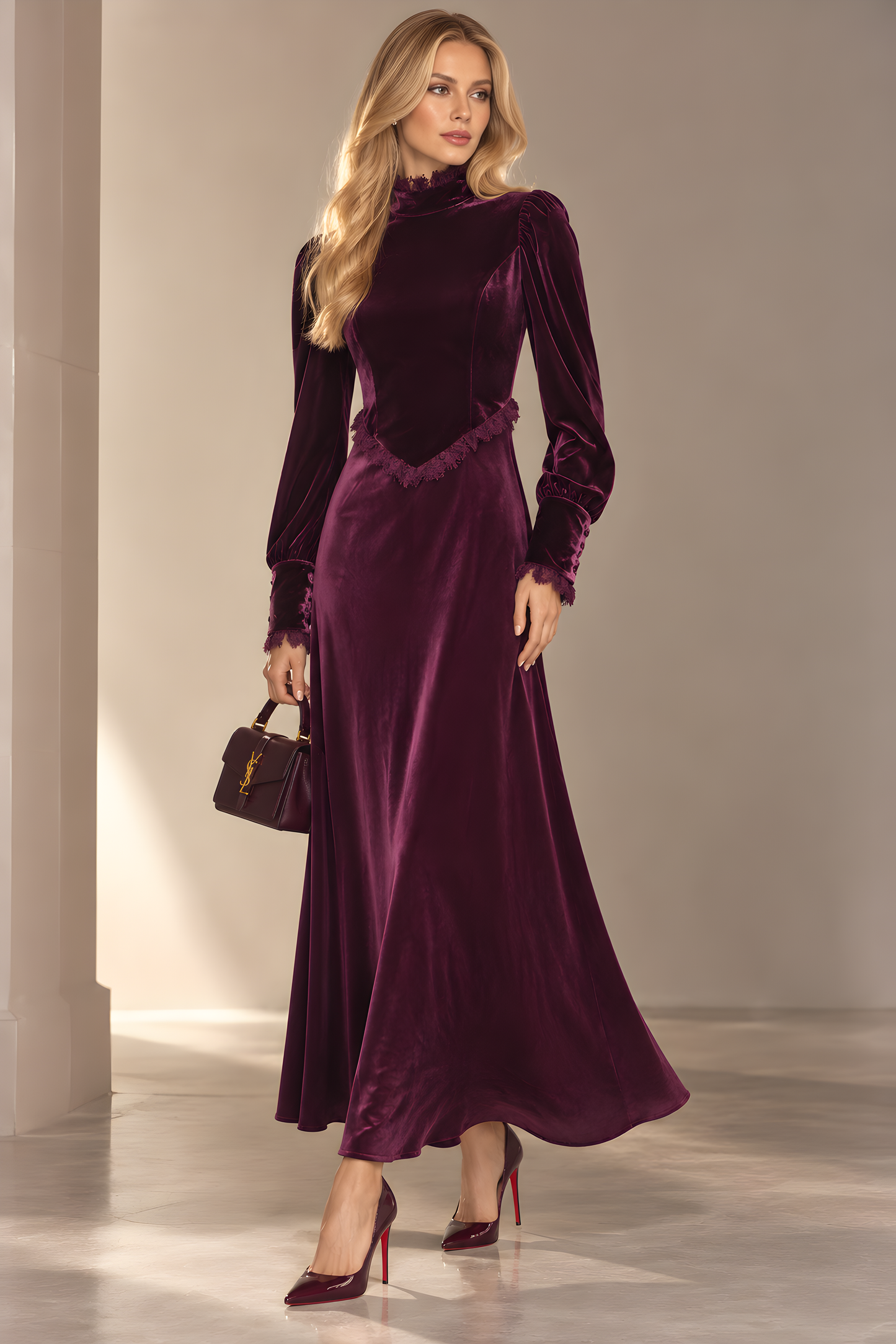 VELVET AND SATIN DRESS WITH LACE TRIM AVAILABLE IN 2 COLORS