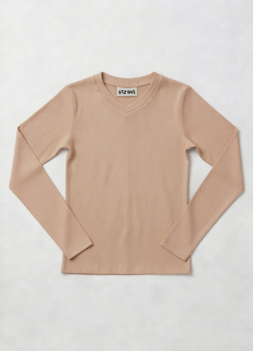 MICRORIBBED V-NECK LONG SLEEVES -   TAN
