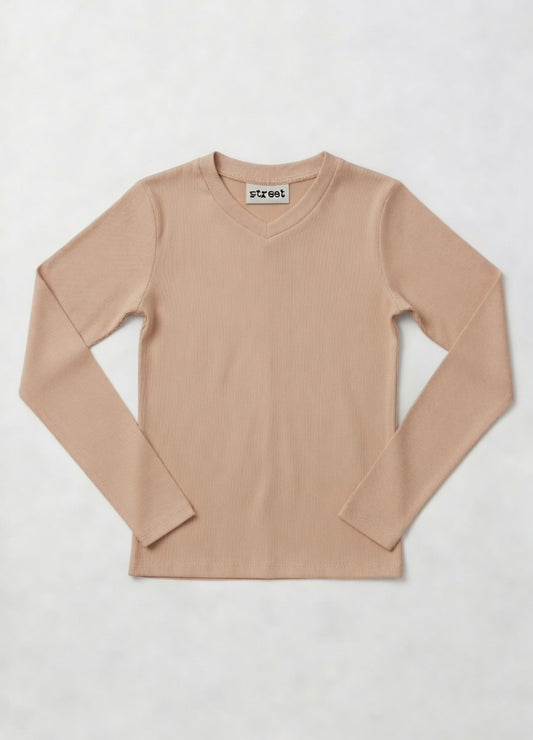 MICRORIBBED V-NECK LONG SLEEVES -   TAN