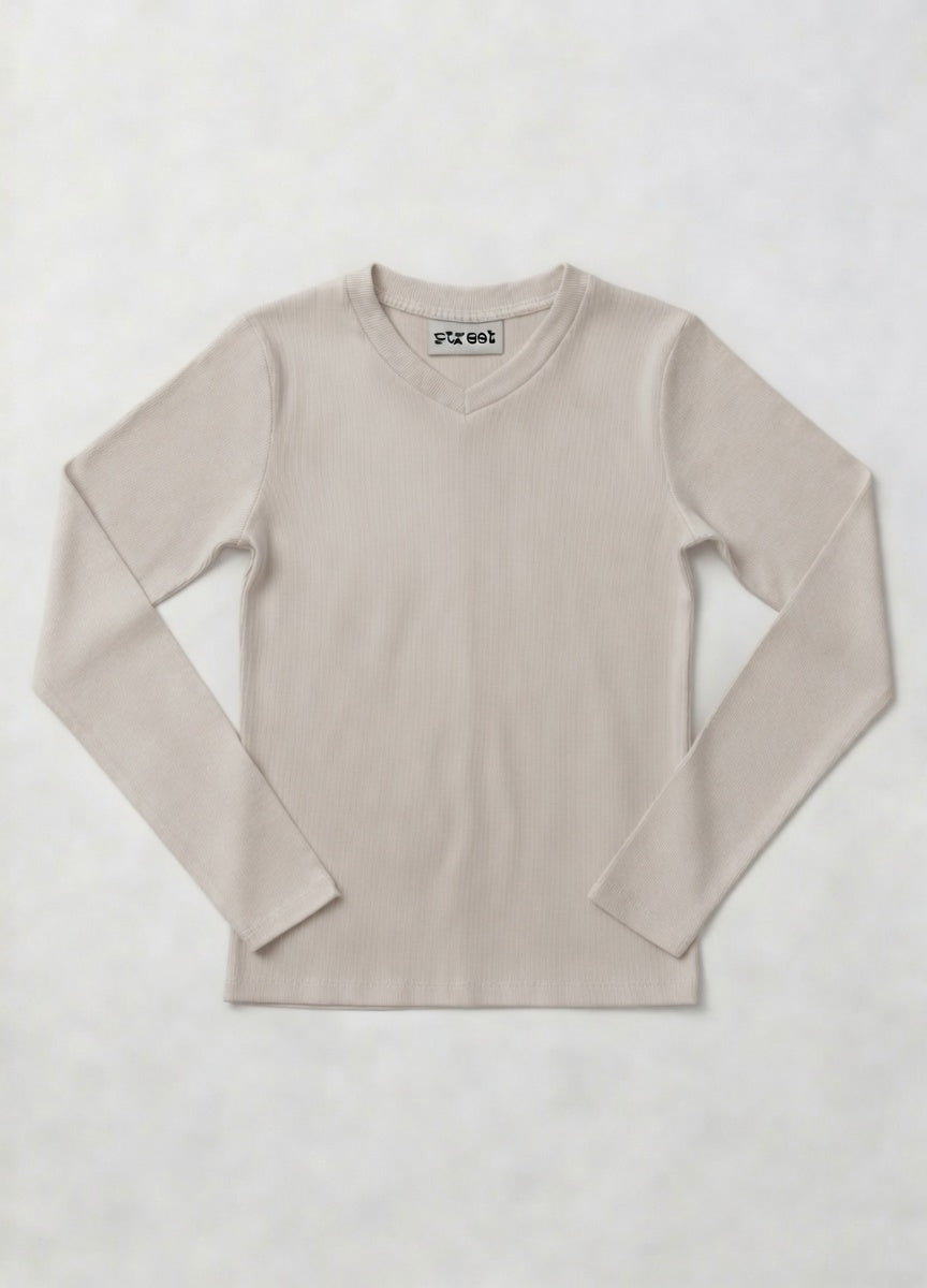MICRORIBBED V-NECK LONG SLEEVES - TAUPE