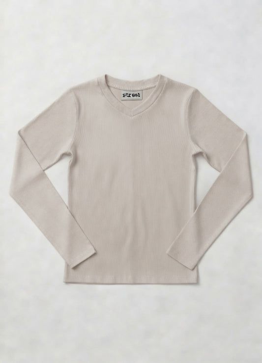 MICRORIBBED V-NECK LONG SLEEVES - TAUPE