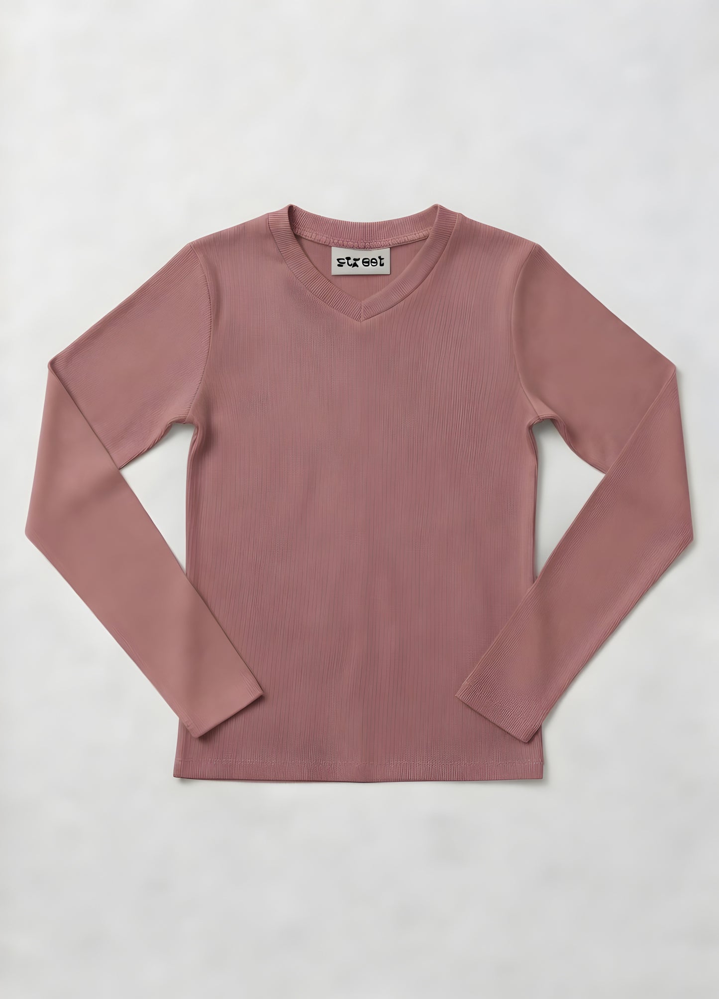 MICRORIBBED V-NECK LONG SLEEVES - TRUFFLE
