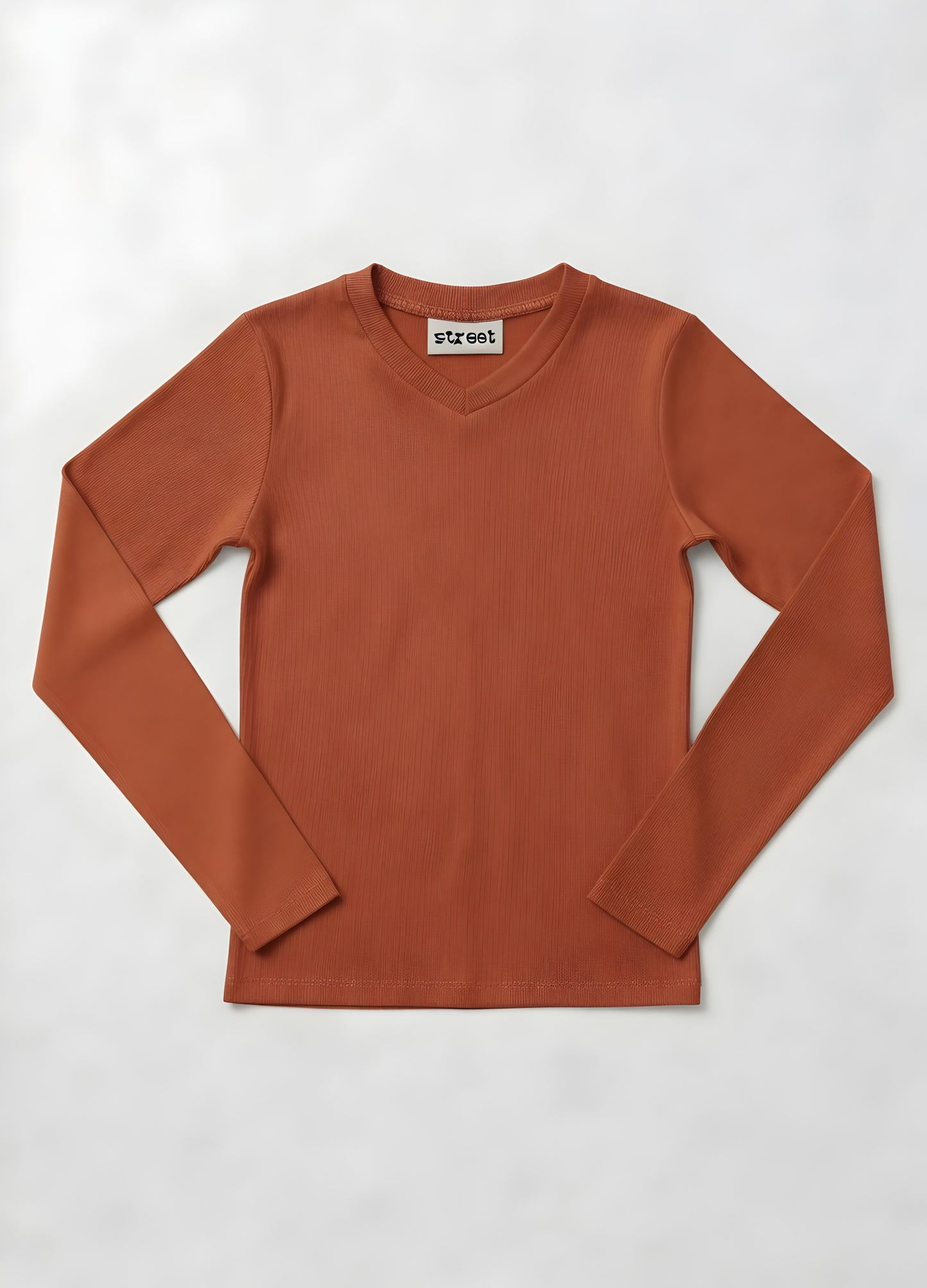 MICRORIBBED V-NECK LONG SLEEVES - TOFFE