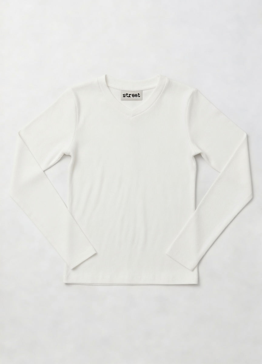 MICRORIBBED V-NECK LONG SLEEVES - WHITE