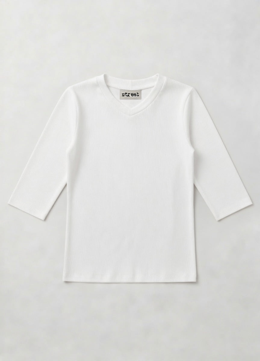 MICRORIBBED V-NECK 3/4 SLEEVES - WHITE