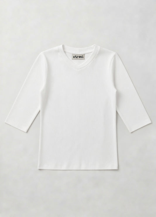 MICRORIBBED V-NECK 3/4 SLEEVES - WHITE