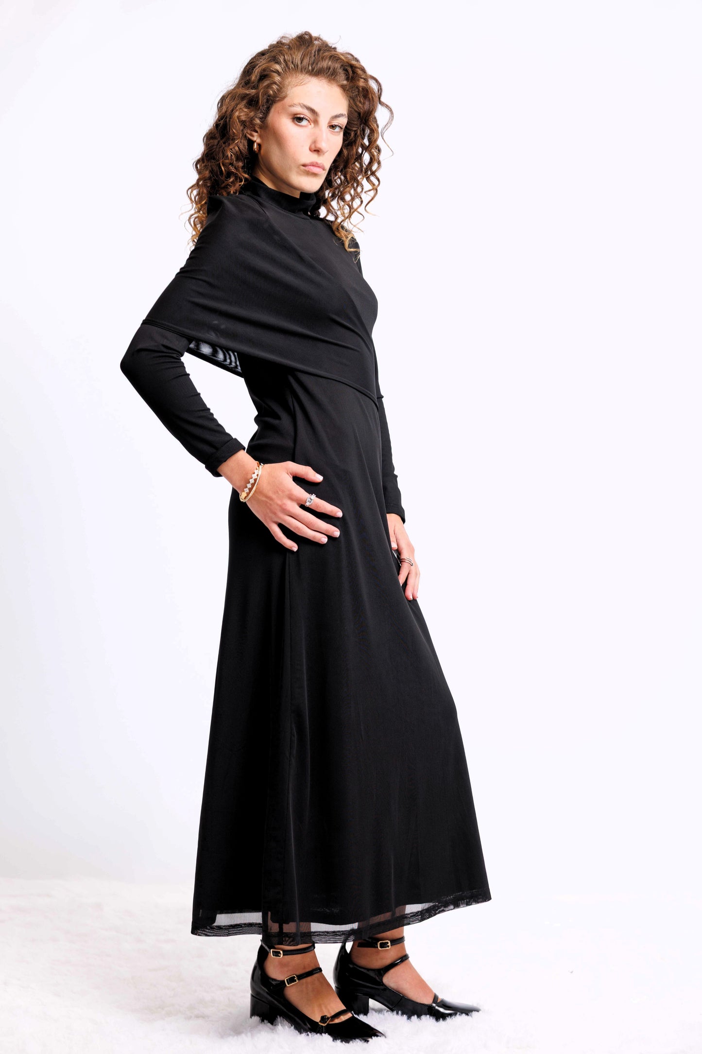 DRAPED SHOULDER DRESS AVAILABLE IN 2 COLORS