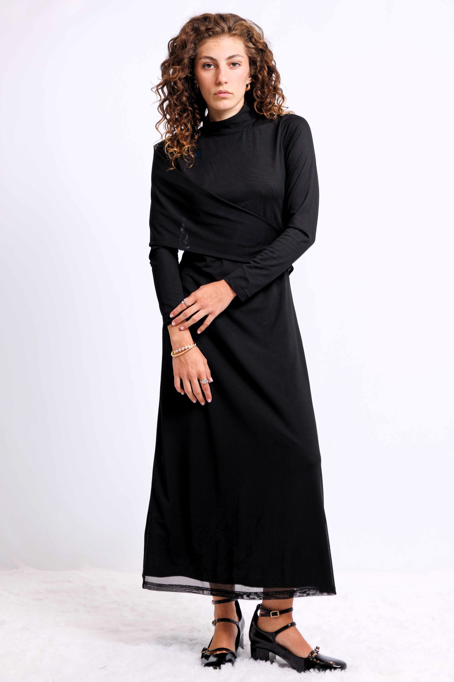 DRAPED SHOULDER DRESS AVAILABLE IN 2 COLORS