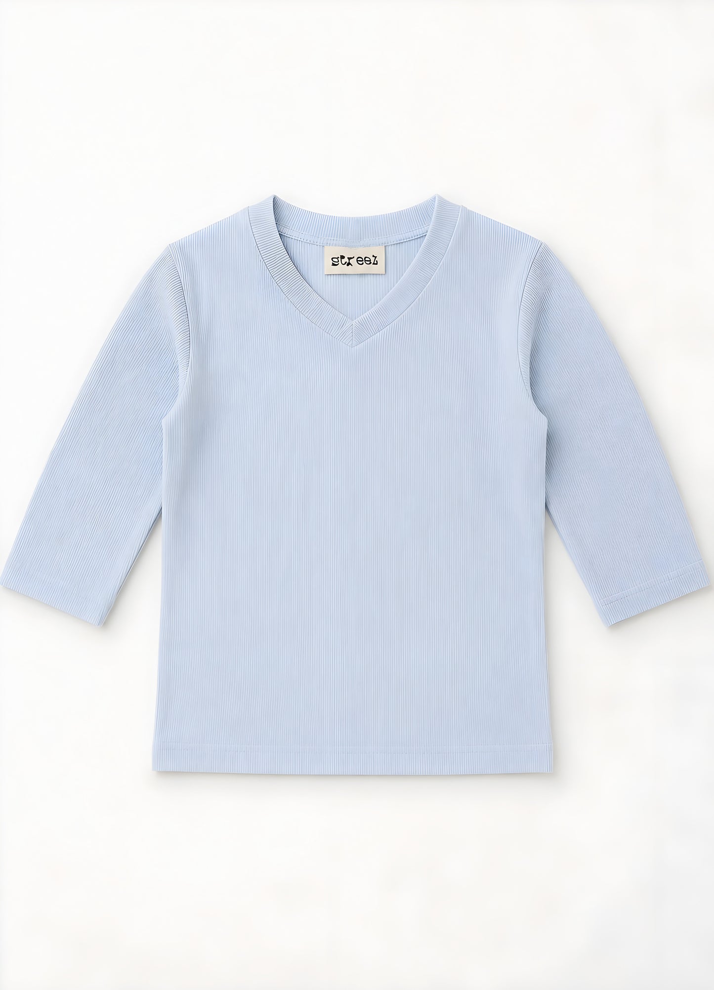 MICRORIBBED V-NECK 3/4 SLEEVES - GLACIER